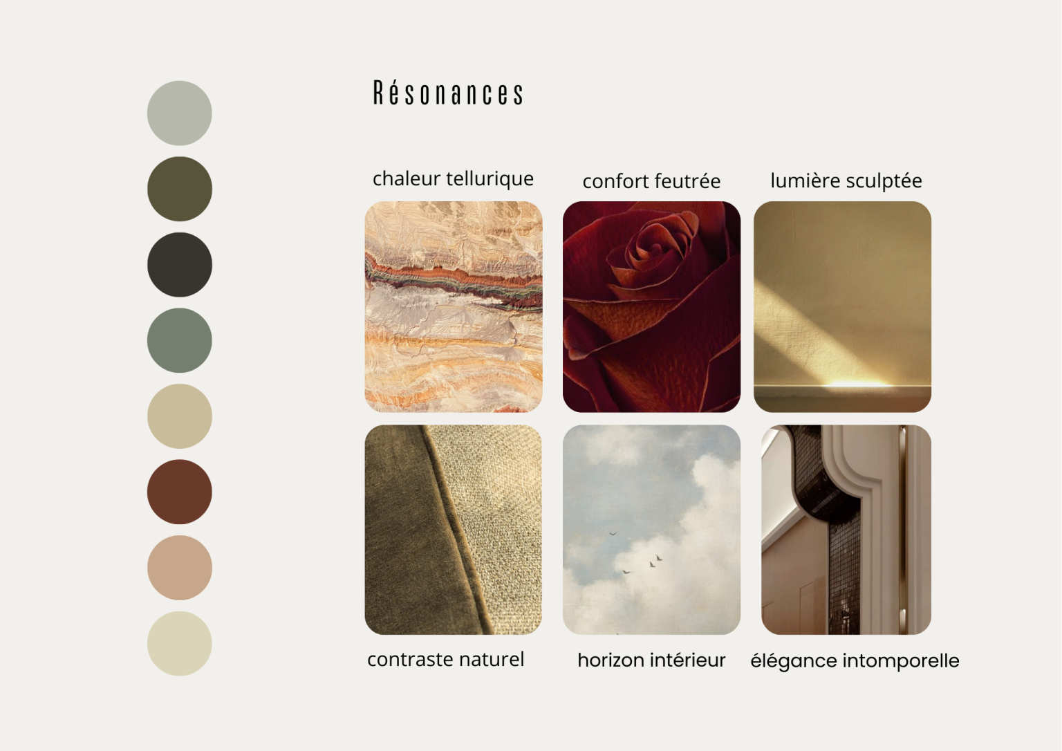 Planche d’ambiance globale du projet Villeneuve présentant une palette de verts sourds, rouges terreux, beiges minéraux et bruns profonds, associée à des matières naturelles et une lumière sculptée.