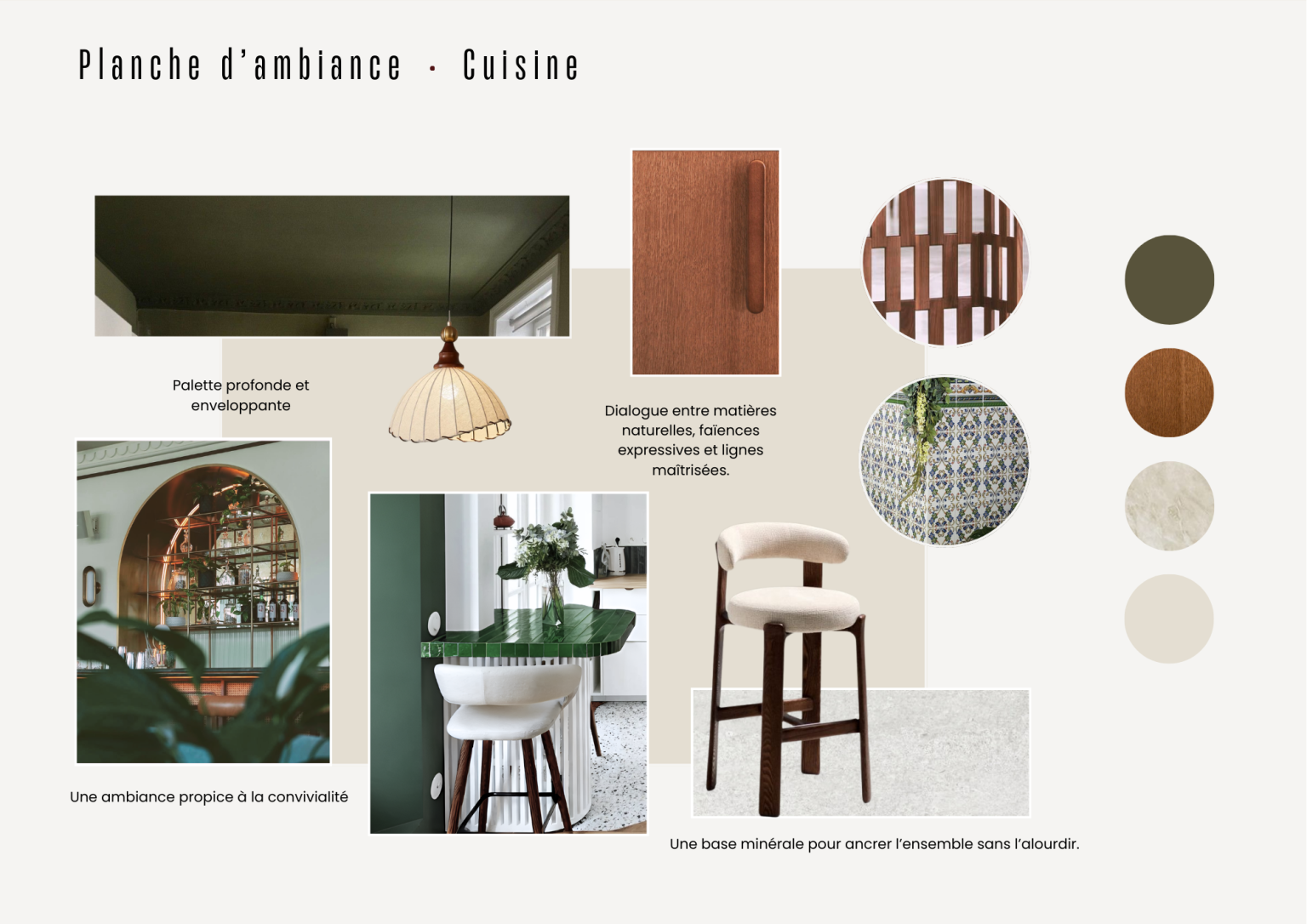 Planche d’ambiance cuisine du projet Villeneuve avec palette vert profond, bois chaleureux, faïences expressives, tons crème minéraux et inspirations conviviales.