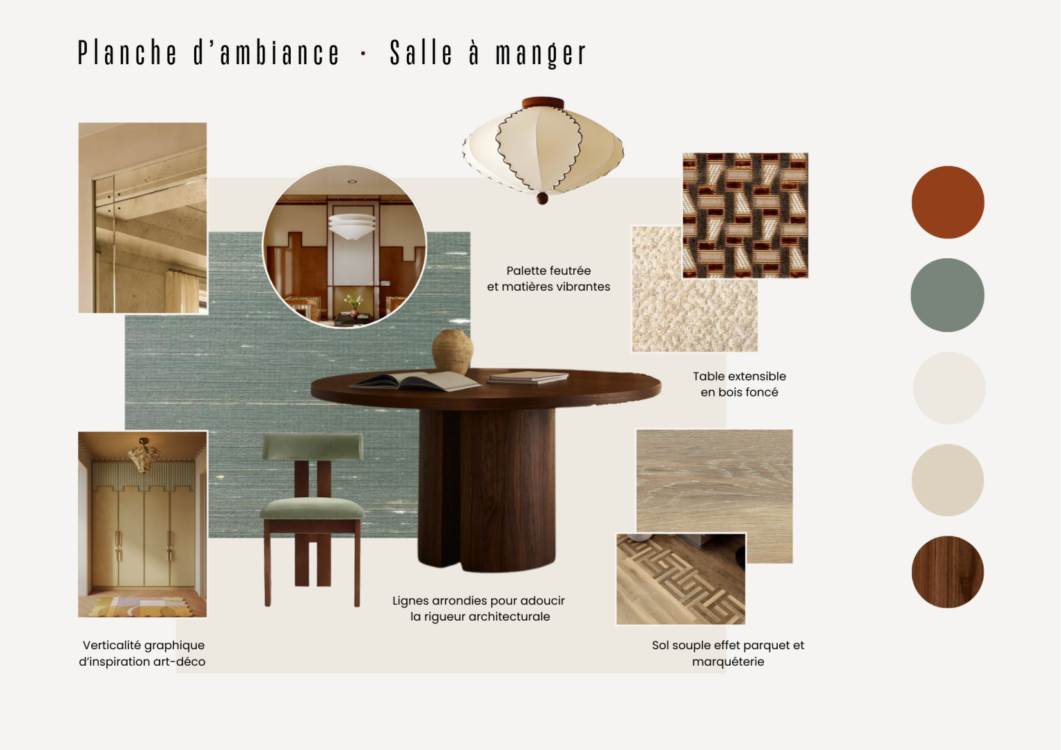 Planche d’ambiance salle à manger du projet Villeneuve avec vert grisé, terracotta, bois foncé, influences art déco et matières vibrantes.