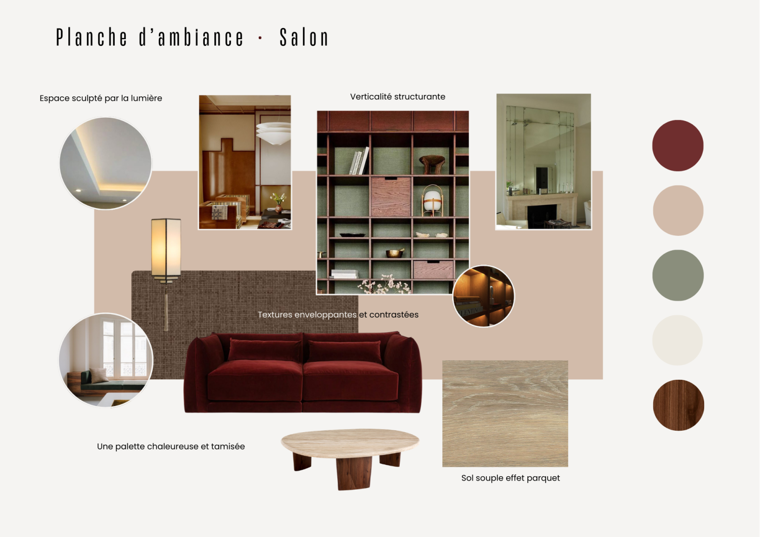 Planche d’ambiance salon du projet Villeneuve avec canapé rouge profond, verts sourds, bois foncé, beige poudré et textures enveloppantes.