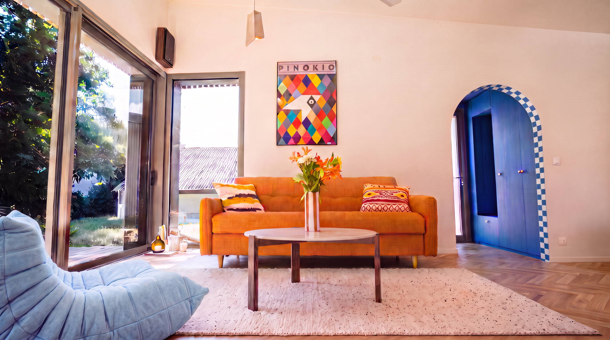 Salon chaleureux d'une maison d'architecte à Vannes avec canapé orange, table basse et arche voûtée bleue.